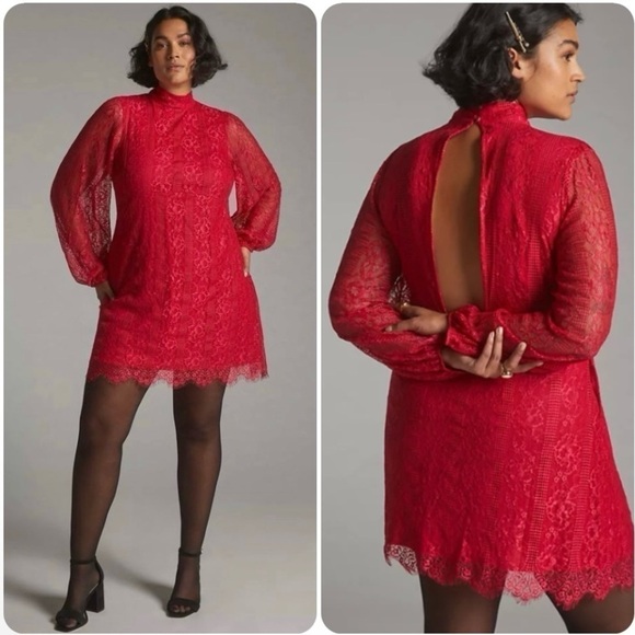 NWT Anthropologie Maeve Lace Open Back Mini Dress Raspberry Red 8 Medium - Picture 16 of 16